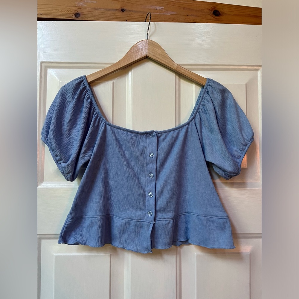 Cotton On Cropped Blue Puff Sleeve Top